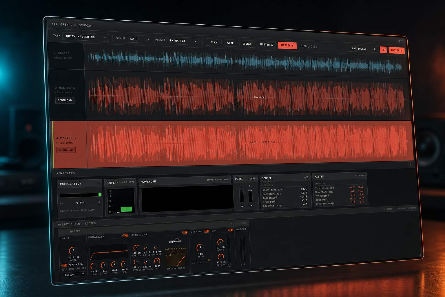 CREWPORT Studio — listening desk with waveforms, meters, and mastering devices