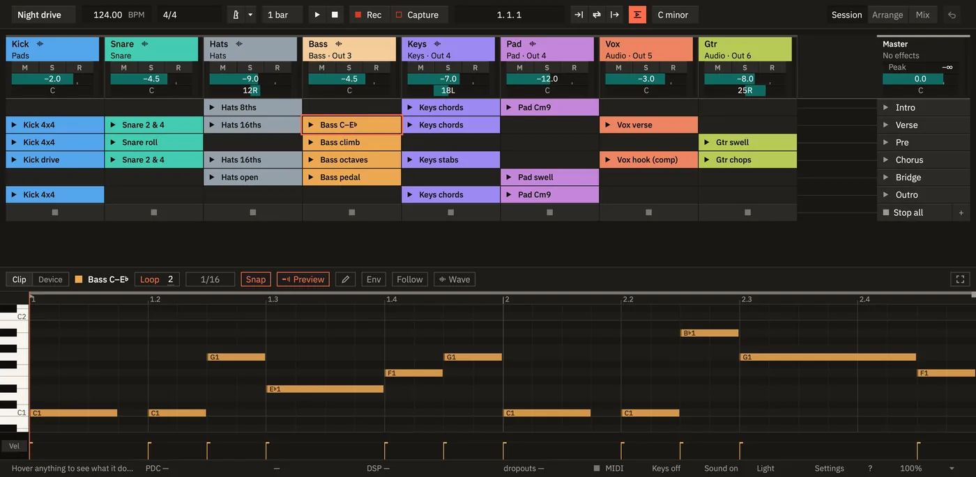 BAYPLAN LIGHTER session view: coloured clips on eight tracks with scenes from Intro to Outro and the master, and below it the clip editor with the notes of a bass clip