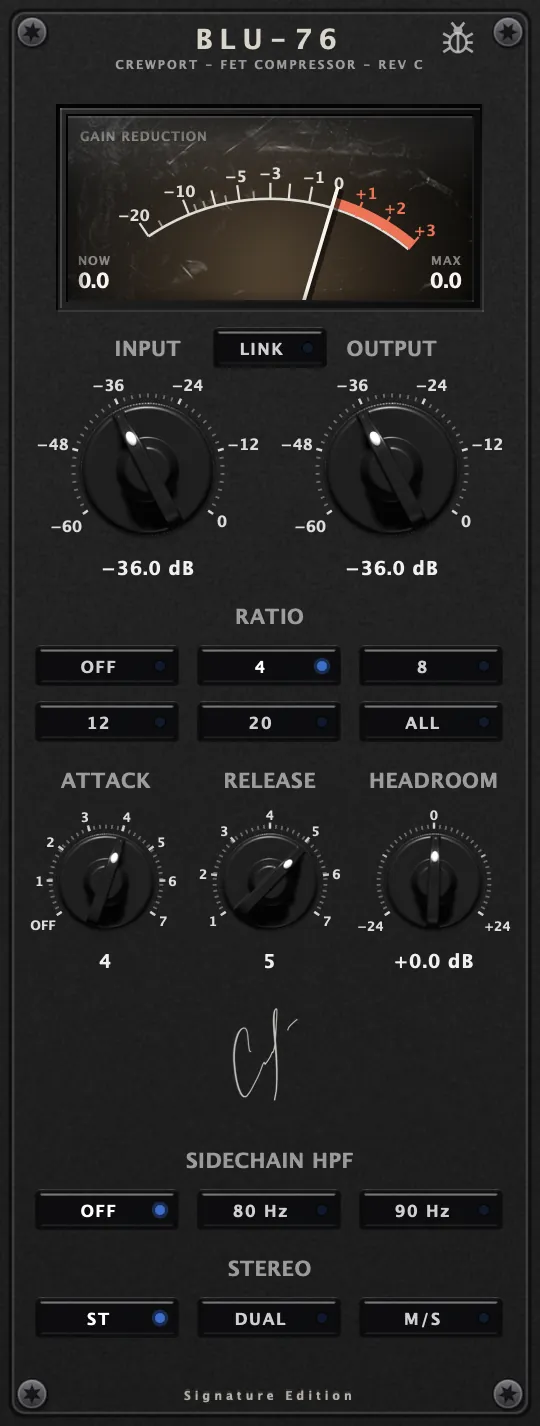 BLU-76 FET compressor with a gain reduction meter, input, output, ratio, attack and release