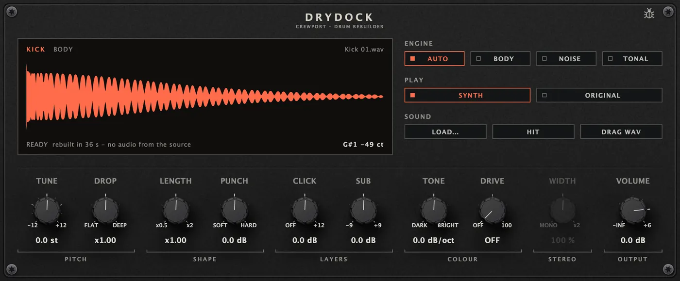 DRYDOCK drum rebuilder with a kick loaded: the display shows the kick waveform recognised as Kick Body and ready, engine set to Auto, play set to Synth, and knobs for pitch, shape, layers, colour, stereo and output