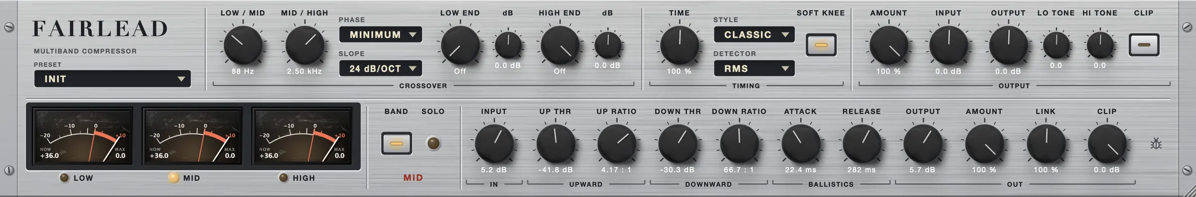FAIRLEAD multiband compressor rack unit: crossover, timing and output controls on top, three band meters and upward and downward compression controls below