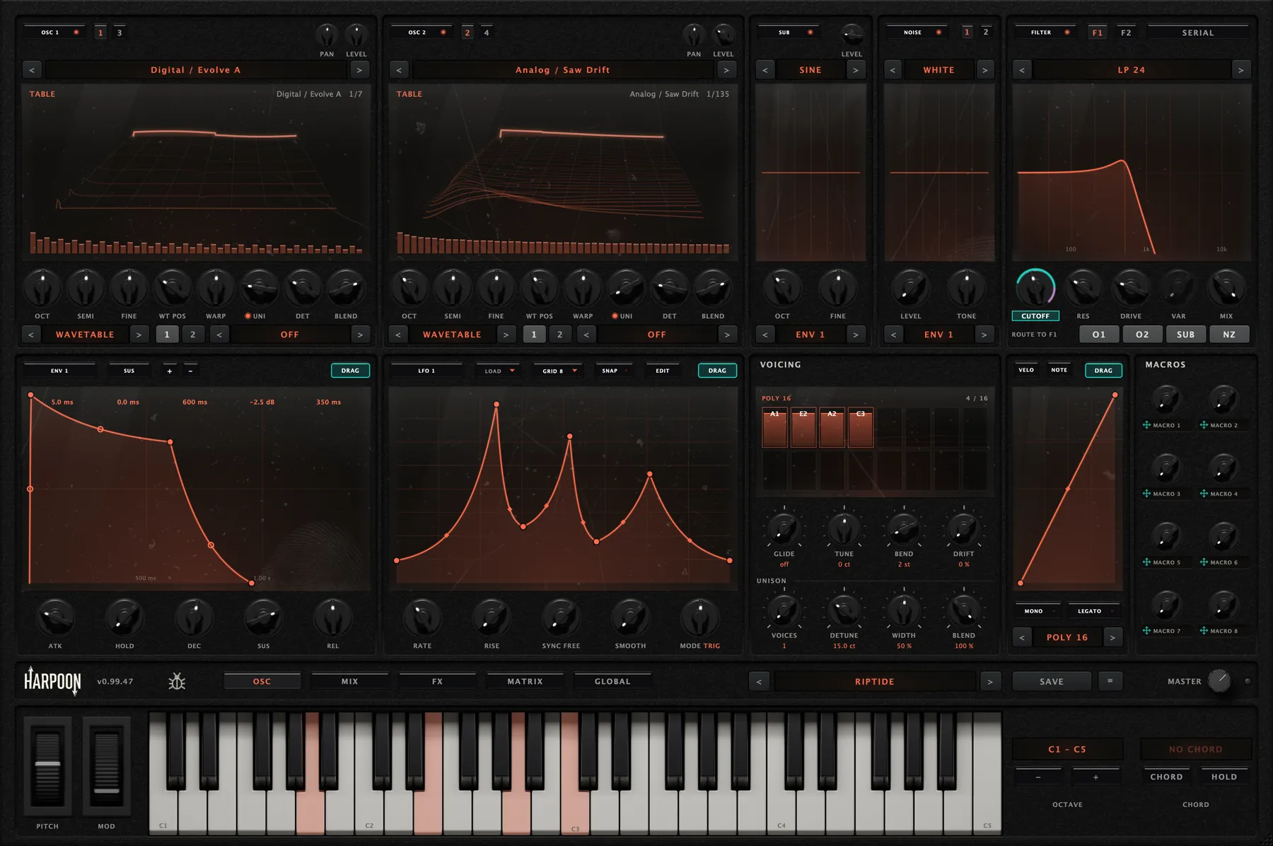 HARPOON synthesizer playing the RIPTIDE preset: two of its four oscillators with their wavetables, sub, noise and a low-pass filter on top, envelope, LFO, voicing with a held chord and macros below, and a keyboard at the bottom