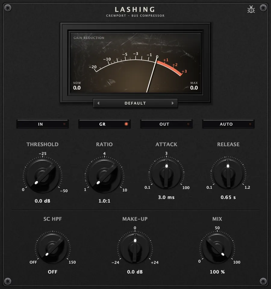 LASHING bus compressor with a gain reduction meter, threshold, ratio, attack, release, sidechain filter, make-up and mix